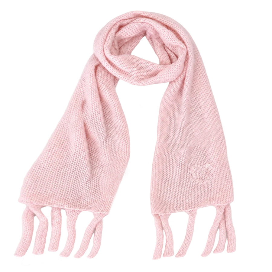 Flat view of the Cloud Hopping Scarf in hardly pink with fringe ends and a small stitched heart