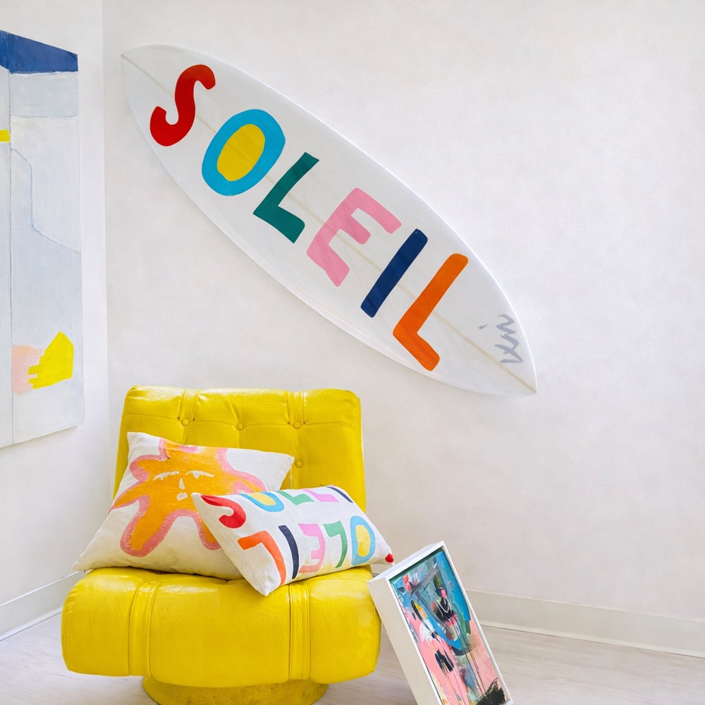 Soleil multicolor surfboard. Perfect handmade surfers for home decor by Kerri Rosenthal