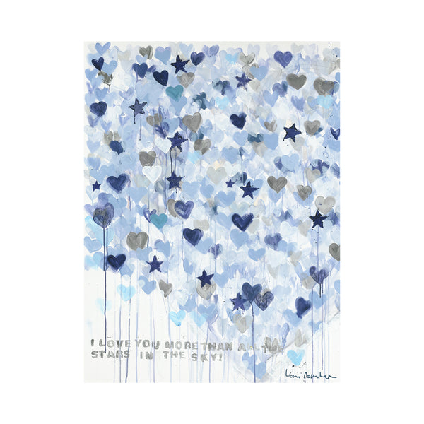 Kerri Rosenthal art print Starry Starry 'I Love You More Than All the Stars in the Sky' — abstract blue, navy, and gray hearts and stars with paint drips on white background.