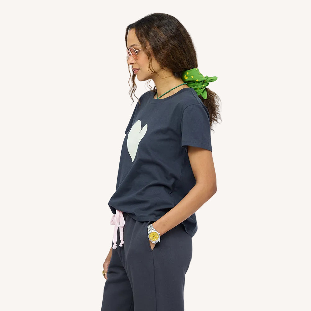 Side view of Suke imperfect heart coal tee in 100% cotton and matching sweatpants - Shop women's chic tops & tees by Kerri Rosenthal