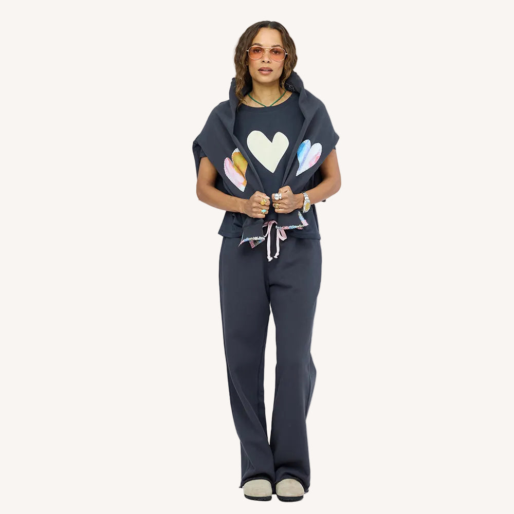 Suke imperfect heart coal tee in 100% cotton with matching sweatpants and sweatshirt with heart patches over shoulder- Shop women's chic tops & tees by Kerri Rosenthal