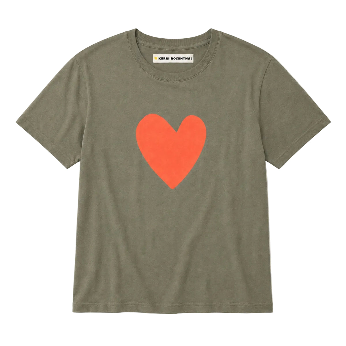 Kerri Rosenthal Suke Imperfect Heart Tee in army green with tomato heart artwork at center front