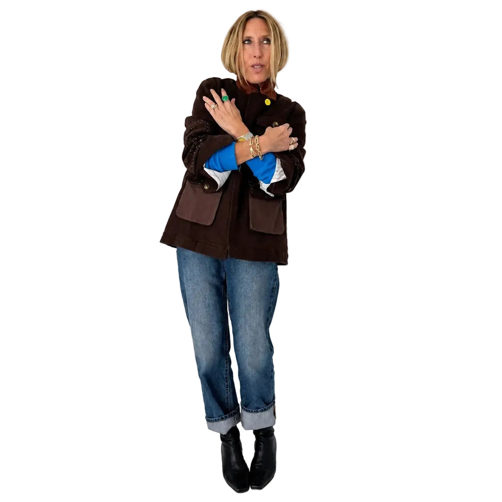 Kerri Rosenthal Love Brigade Barn Blazer in brown brushed cotton twill with bandana art at the elbows, view 3