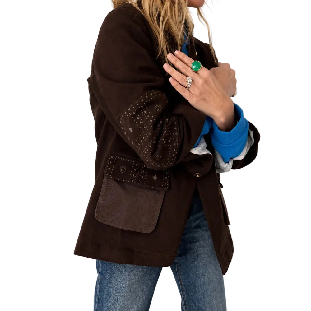 Kerri Rosenthal Love Brigade Barn Blazer in brown brushed cotton twill with bandana art at the elbows, view 2