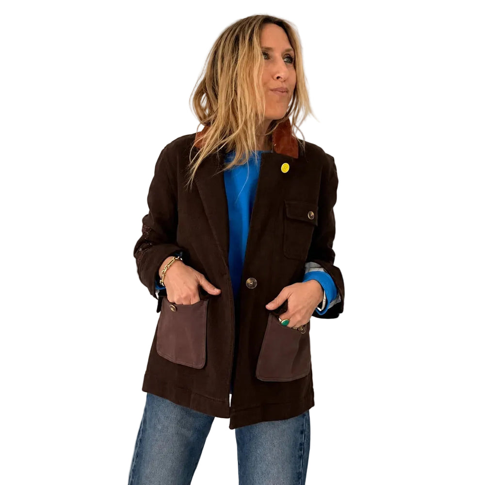 Kerri Rosenthal Love Brigade Barn Blazer in brown brushed cotton twill with bandana art at the pocket flaps, view 4