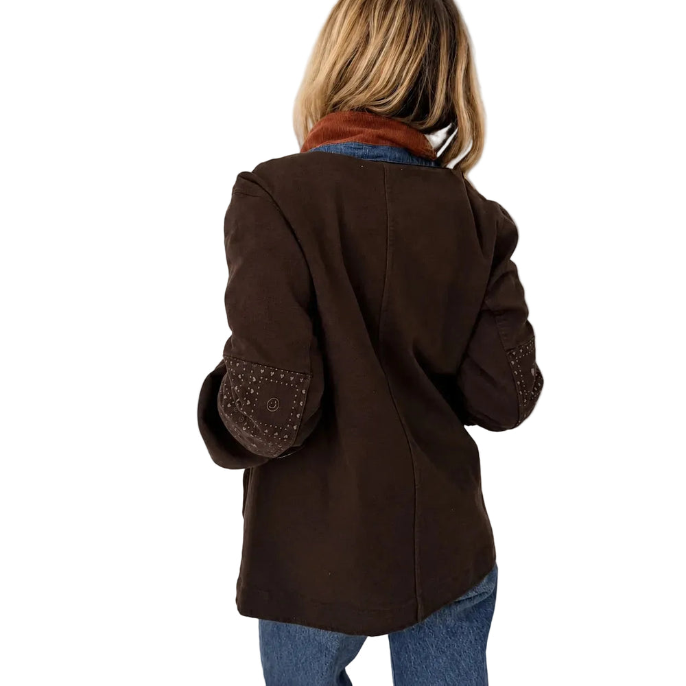 Kerri Rosenthal Love Brigade Barn Blazer in brown brushed cotton twill, contrast button at the neck, view 5