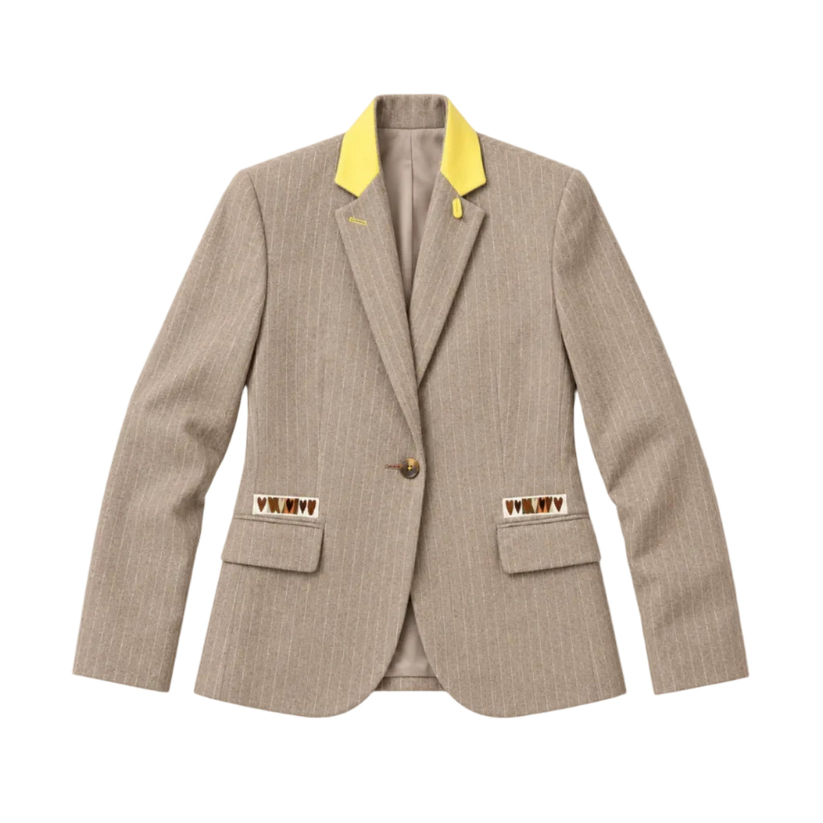 Flat view of the Workday Love Brigade Blazer in taupe pinstripe with heart patches at the elbows