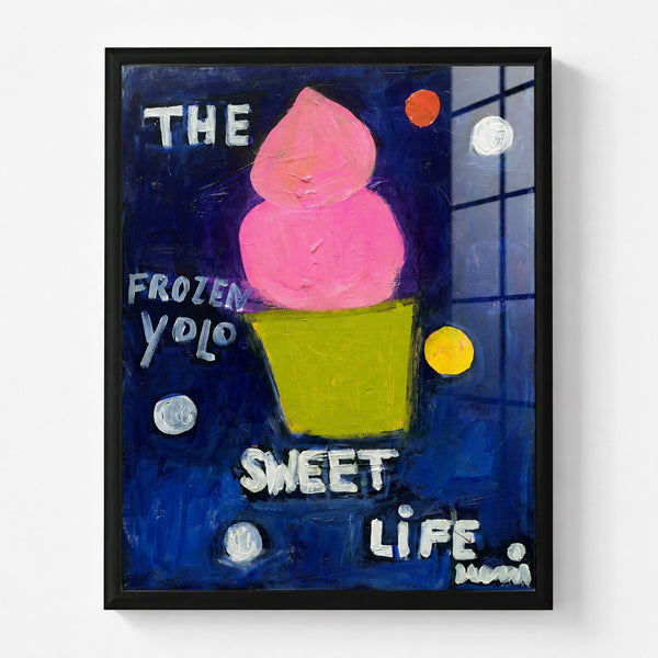 Pink frozen yogurt cone painting in black wood frame, whimsical navy blue artwork with colorful dots and hand-painted lettering