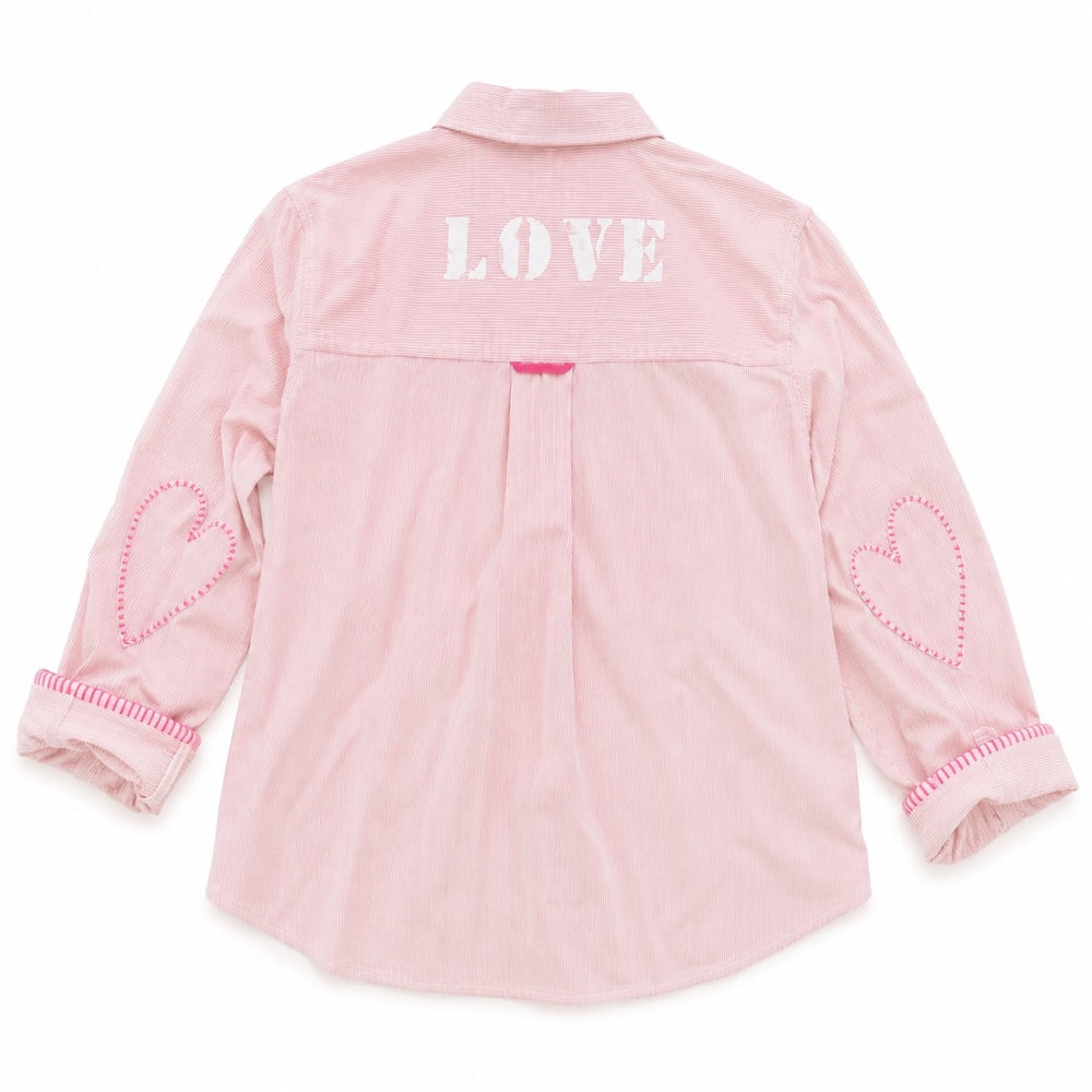 Back view of a pink striped shirt with 'LOVE' lettering and heart elbow patches."