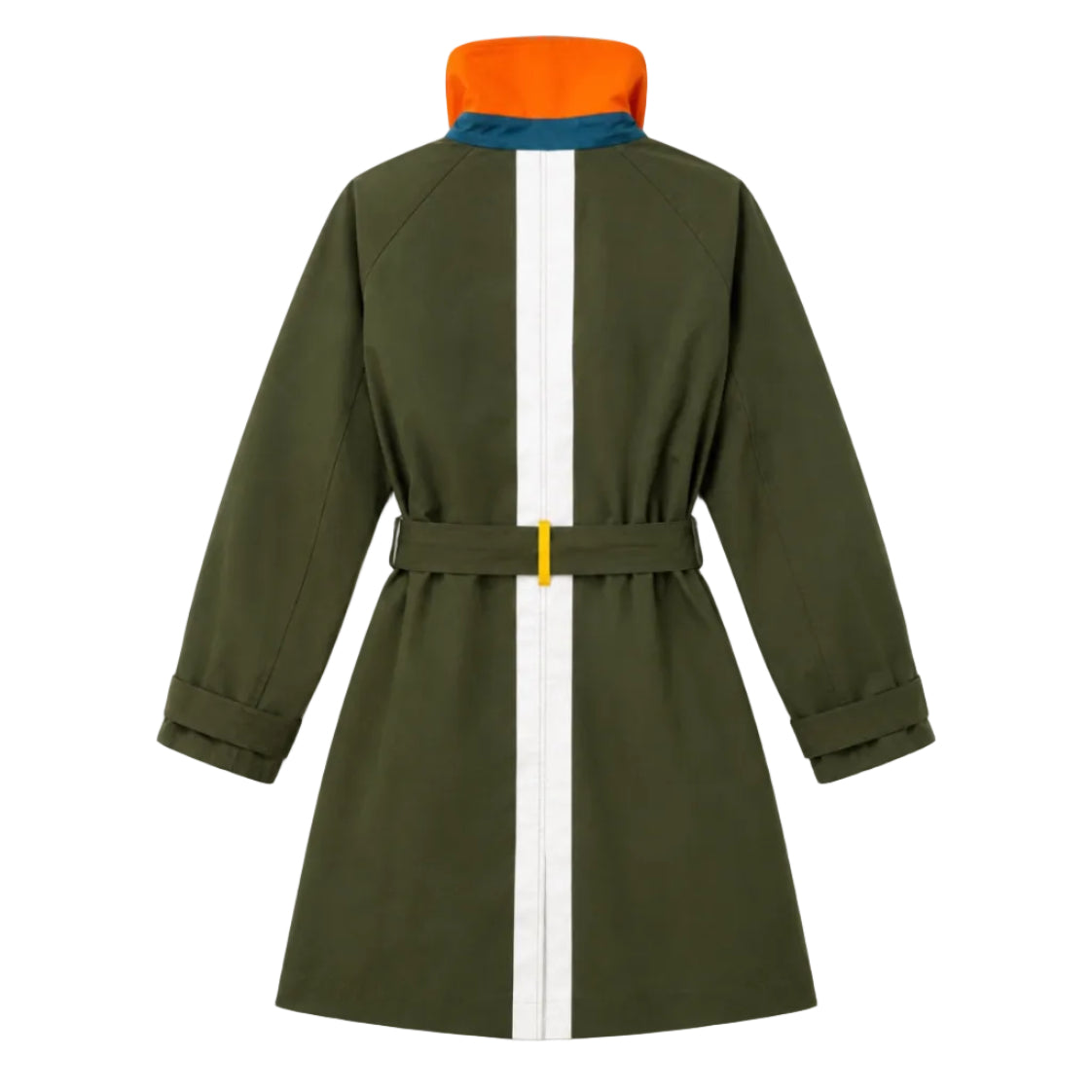 Kerri Rosenthal Color Washed Trench in army green cotton twill, double-breasted and belted — shop women's outerwear by Kerri Rosenthal