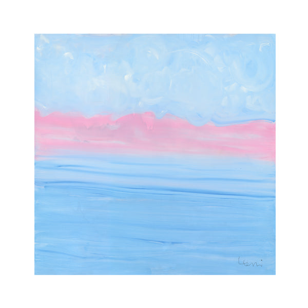 Kerri Rosenthal abstract seascape painting with soft blue sky, pink horizon line, and layered blue ocean waves, dreamy pastel coastal landscape
