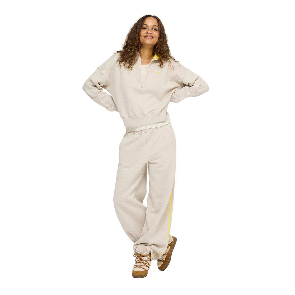 Model wearing the Super Soft Fleece Weekend Palazzo in taupe heather with the Sunday Quarter Zip Sweatshirt, full length front view