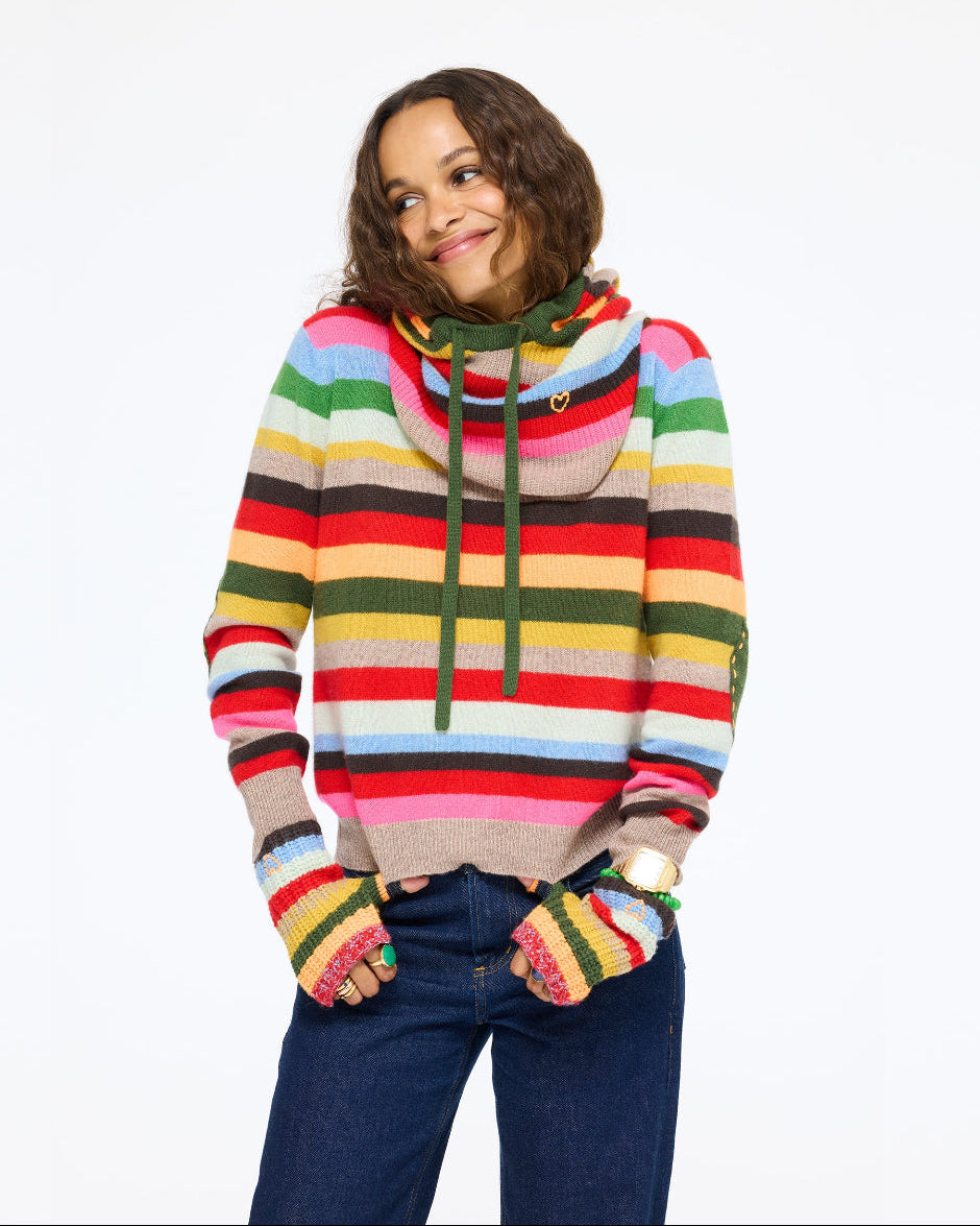 Model wearing the McLuvin Hoodie in multicolor stripe over the Patchwork Pullover Stripe Sweater with jeans, front view