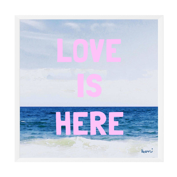 Love Is Here Beach Square Art Print Pink by Kerri Rosenthal