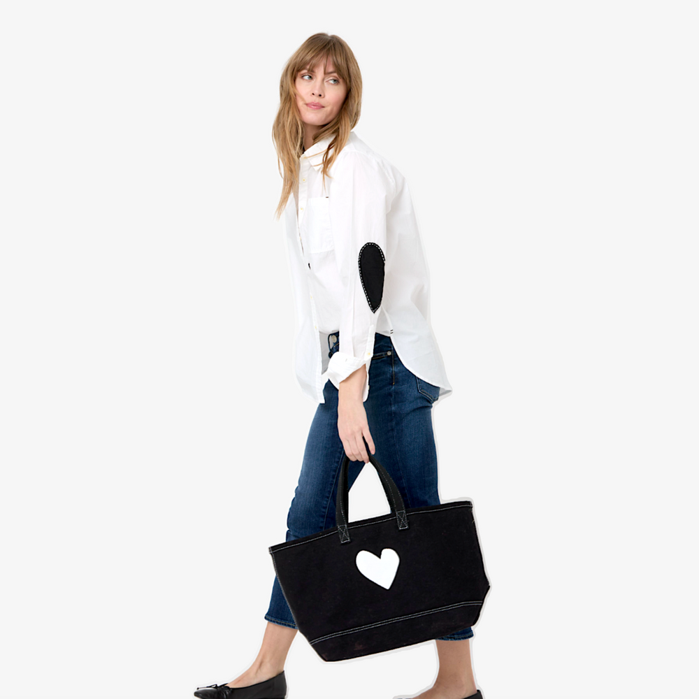 White Mia long sleeve button-up shirt with black heart patch elbow sleeves- Cute designer fashion button-up shirts by Kerri Rosenthal.