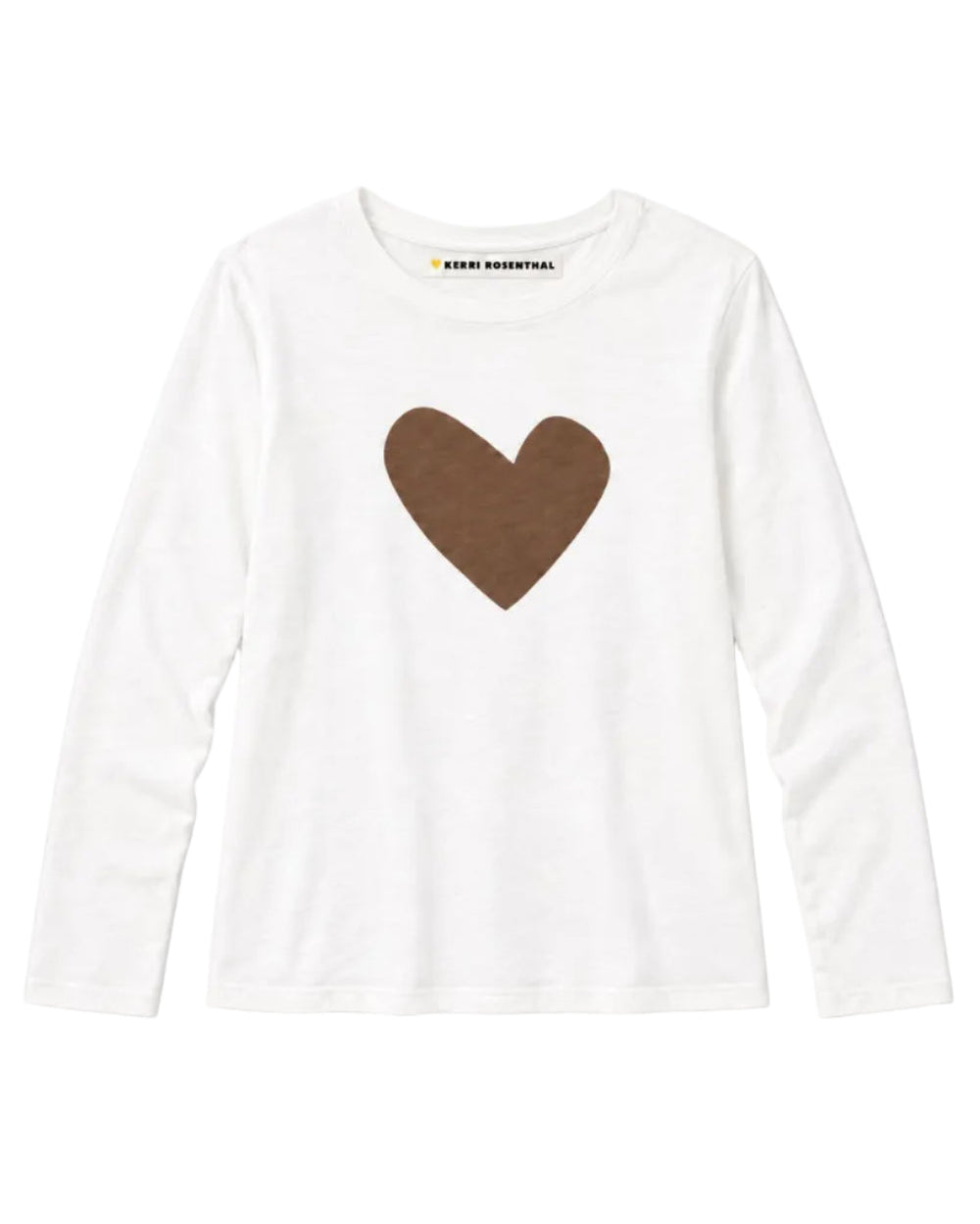 Flat view of the Long Sleeve Suke Imperfect Heart Tee in cream with a brown heart at the center front