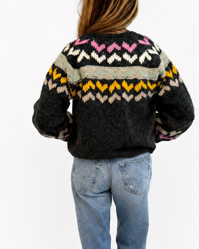 Kerri wearing the Sienna Ker-Isle Cardigan with jeans, back view