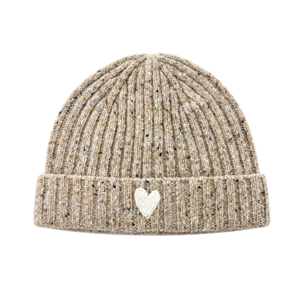 Flat view of the Winter Beanie in oatcake with a ribbed knit, foldover brim, and a small cream heart