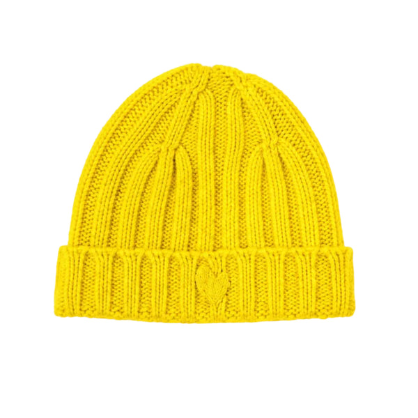 Flat view of the Winter Beanie in sunshine yellow with a ribbed knit and foldover brim