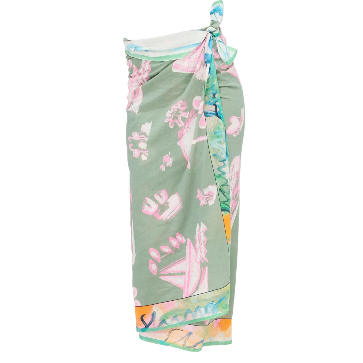 Kerri Rosenthal Toile Sarong in multicolor toile-print cotton poplin.