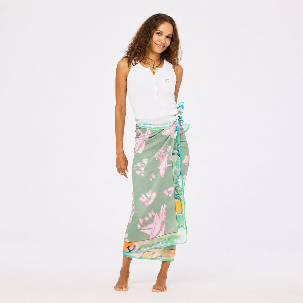 Kerri Rosenthal Toile Sarong in multicolor toile-print cotton poplin and white henley tank.