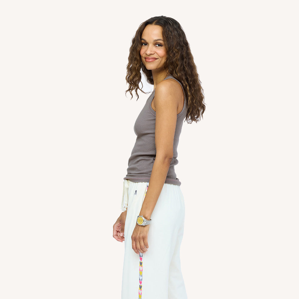 SoulCycle x KR Soul Brigade charcoal grey tank top with off white sweatpant by Kerri Rosenthal