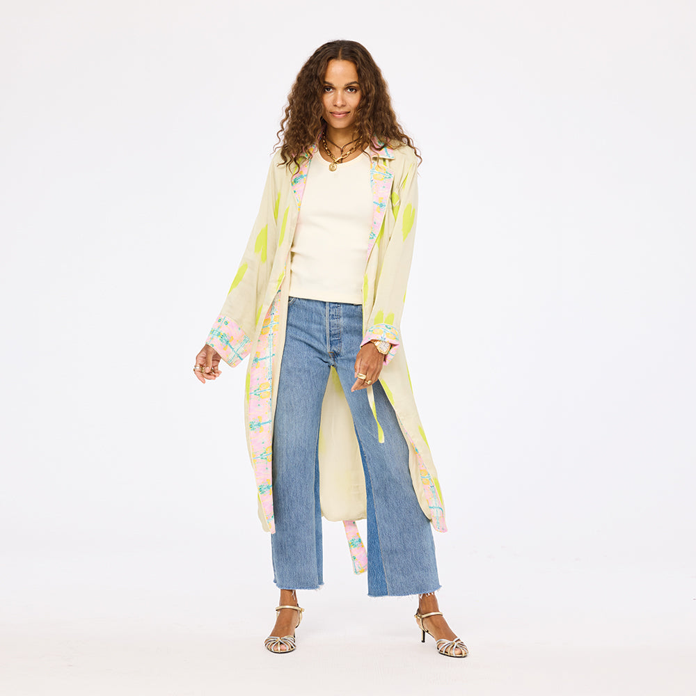 Kerri Rosenthal Golden Duster in viscose satin with Ikat Heart print.
