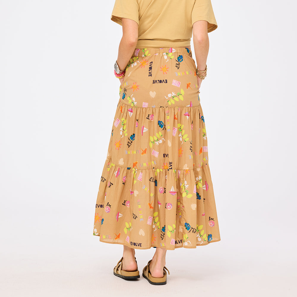 Kerri Rosenthal Point Dume tiered cotton maxi skirt in a multicolor painterly print. 