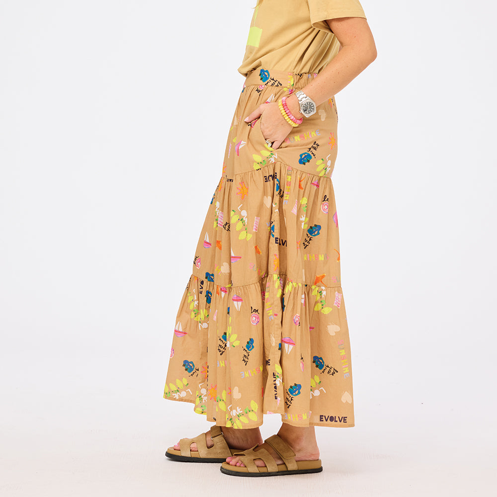 Kerri Rosenthal Point Dume tiered cotton maxi skirt in a multicolor painterly print. 