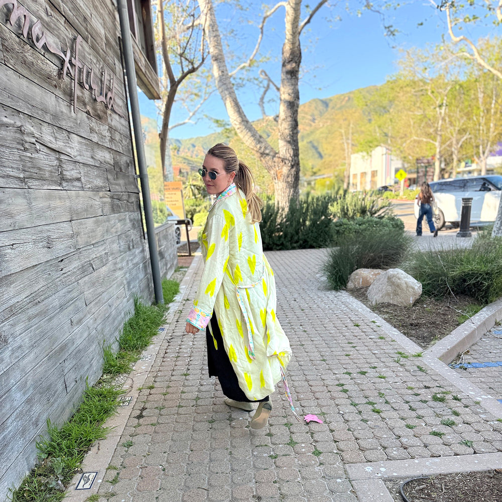Women's Kerri Rosenthal Golden Duster in viscose satin with Ikat Heart print.
