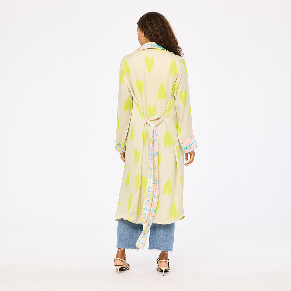 Women's Kerri Rosenthal Golden Duster in viscose satin with Ikat Heart print.