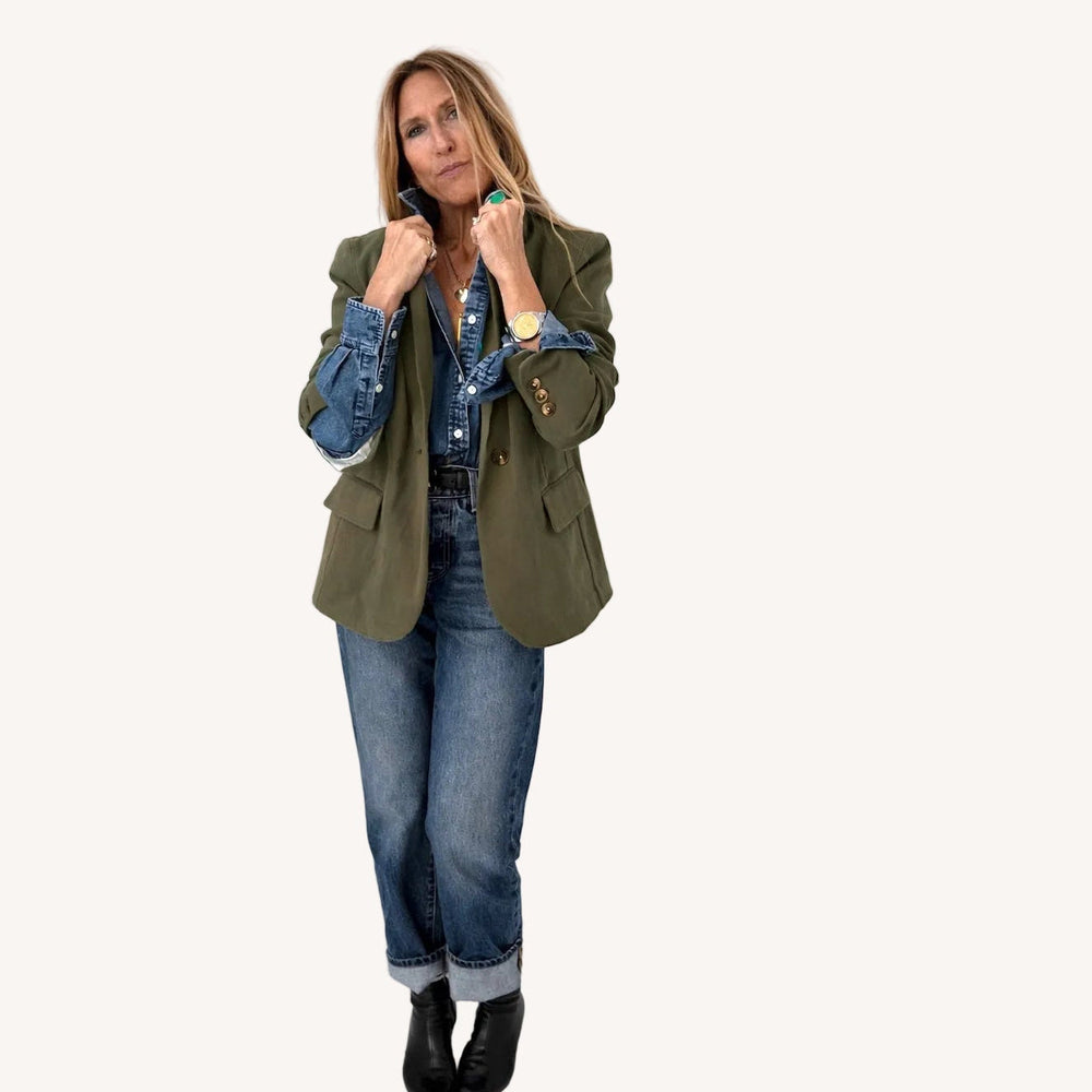 Workday love green cotton blazer with pink heart elbow patches over denim blouse and denim pants - Shop women's blazers by Kerri Rosenthal
