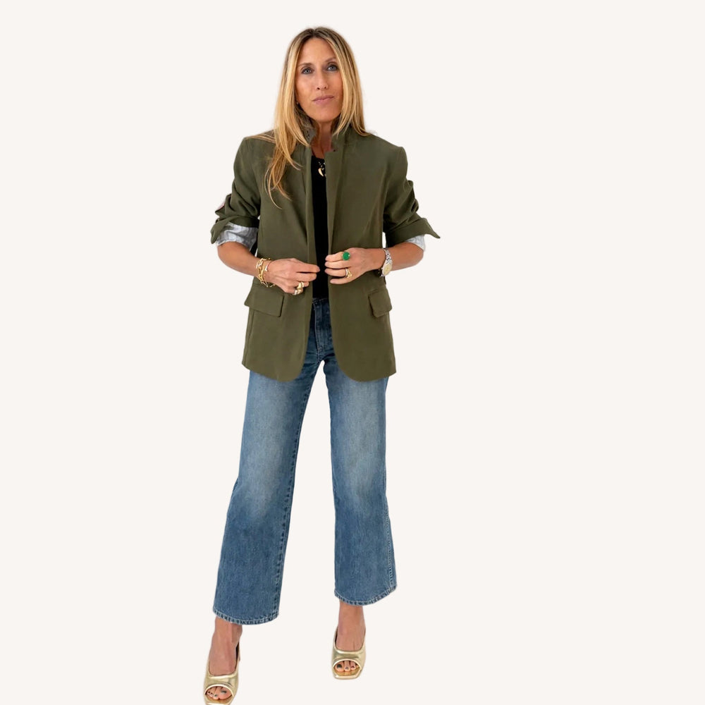 Workday love on repeat green cotton blazer with heart elbow patches and embroidered graphic - Flattering women's blazers by Kerri Rosenthal