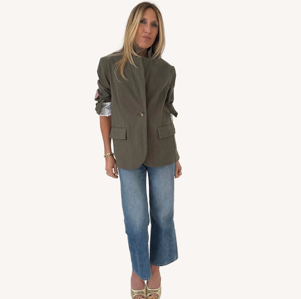 Workday love green cotton blazer with heart elbow patches and embroidered graphic - Chic women's blazers by Kerri Rosenthal