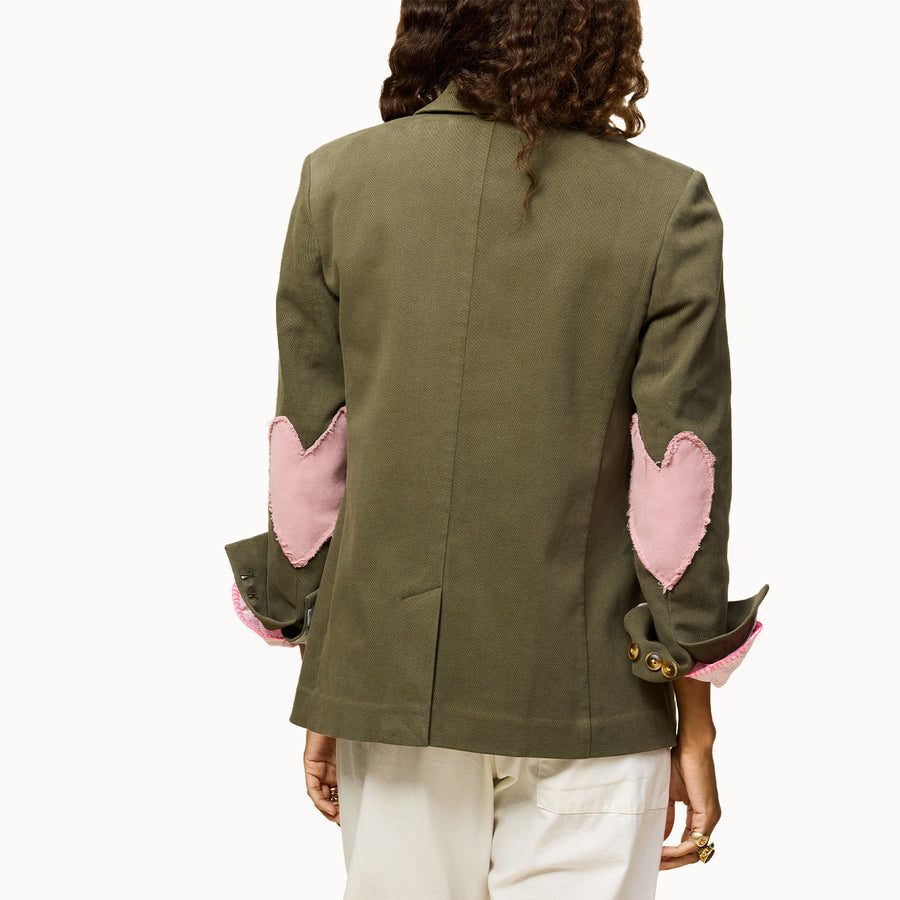 Workday love green cotton blazer with pink heart elbow patches  - Shop women's blazers by Kerri Rosenthal