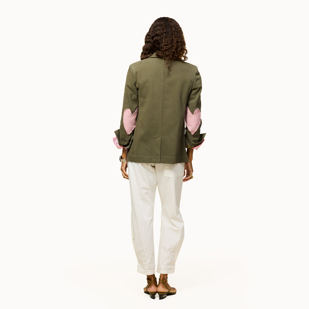 Workday love green cotton blazer with pink heart elbow patches  - Shop women's blazers by Kerri Rosenthal