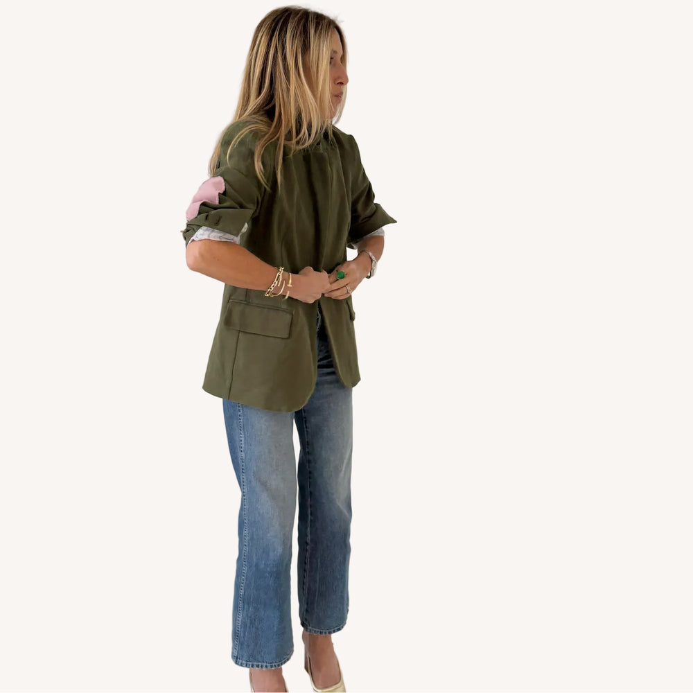 Workday love green cotton blazer with heart elbow patches and embroidered graphic -  women's blazers by Kerri Rosenthal