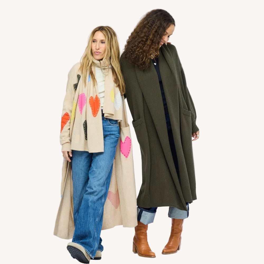 Model wearing Mercer Loved Duster in army green. Kerri wearing Super Duper Zero Waste Duster and Zero Waste Scarf
