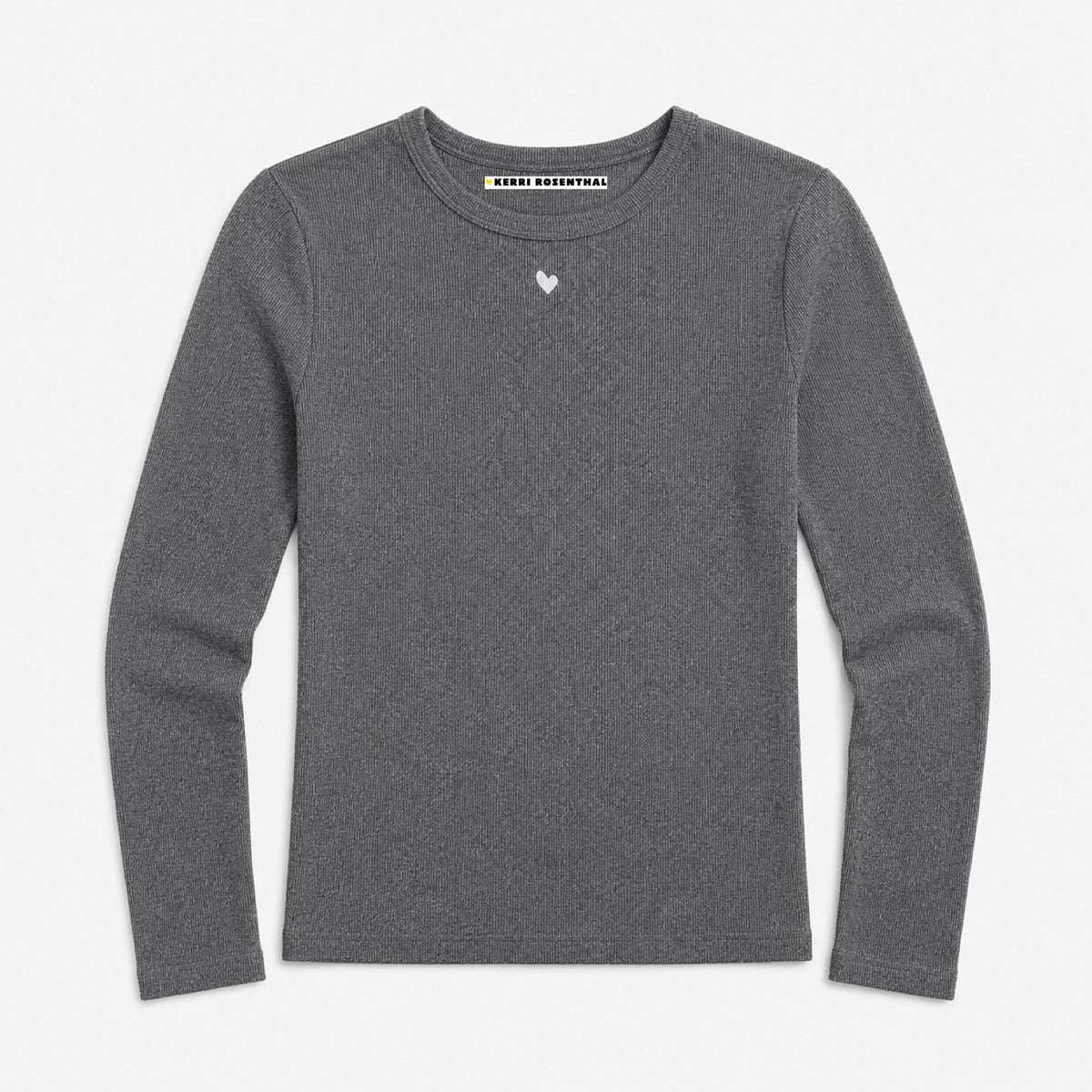 Kerri Rosenthal KR Long Sleeve Rib Tee in charcoal heather, ribbed crewneck with Imperfect Heart at center chest
