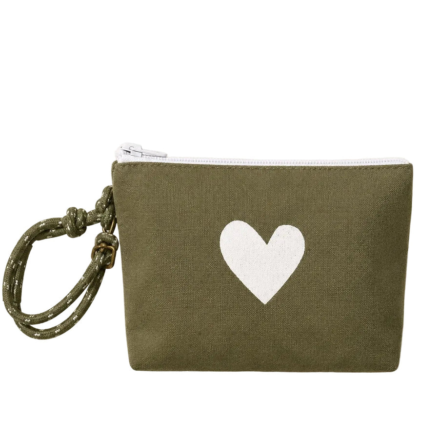 An olive green canvas wristlet pouch with a white heart printed on the front, featuring a matching green patterned wrist strap and a silver zipper closure, set against a plain white background.