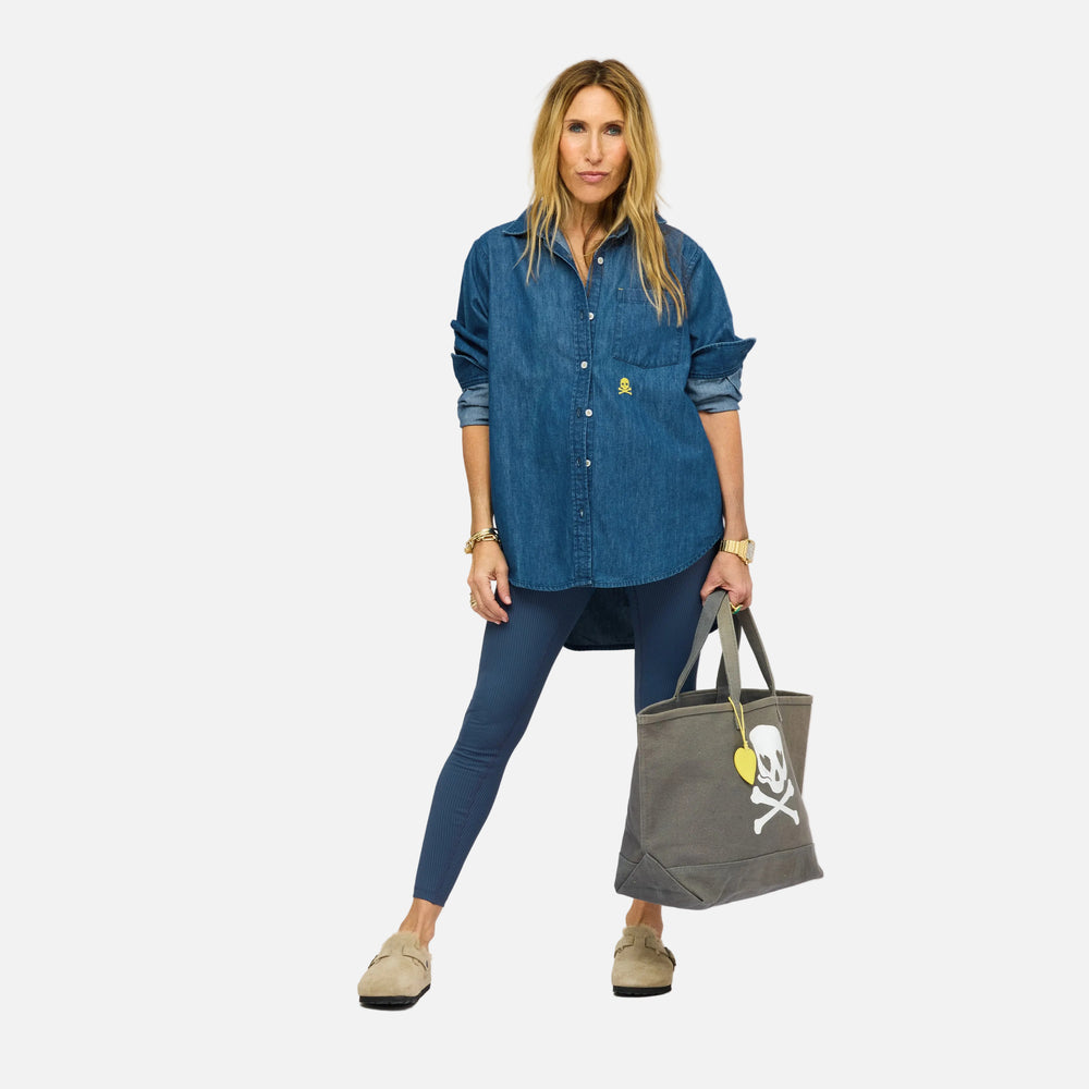 SoulCycle x KR Mia Soul Brigade ladies denim button up shirt - Shop stylish denim shirts for ladies by Kerri Rosenthal.