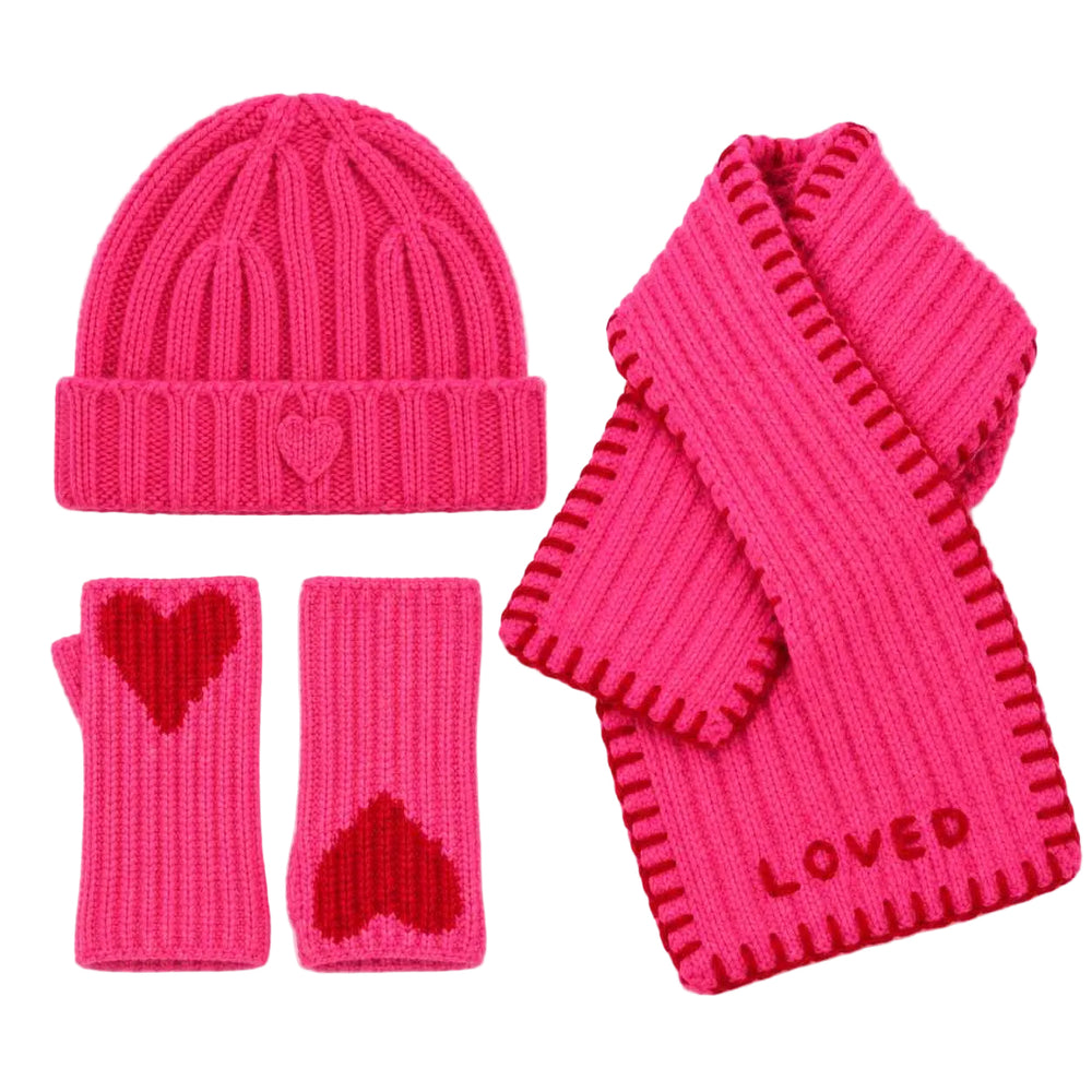 Pink ribbed cashmere hat paired with Loved Cashmere Smittens and Loved Loop Scarf