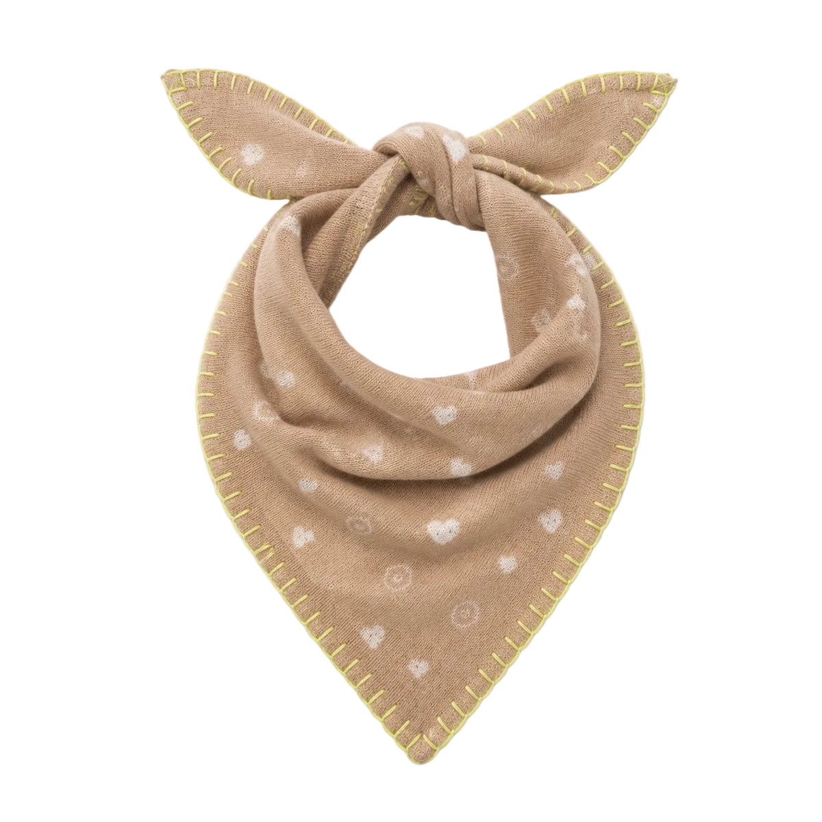 Kerri Rosenthal knit bandana scarf in Tan with heart and dot print, contrast whipstitch edge, tied in a knot.