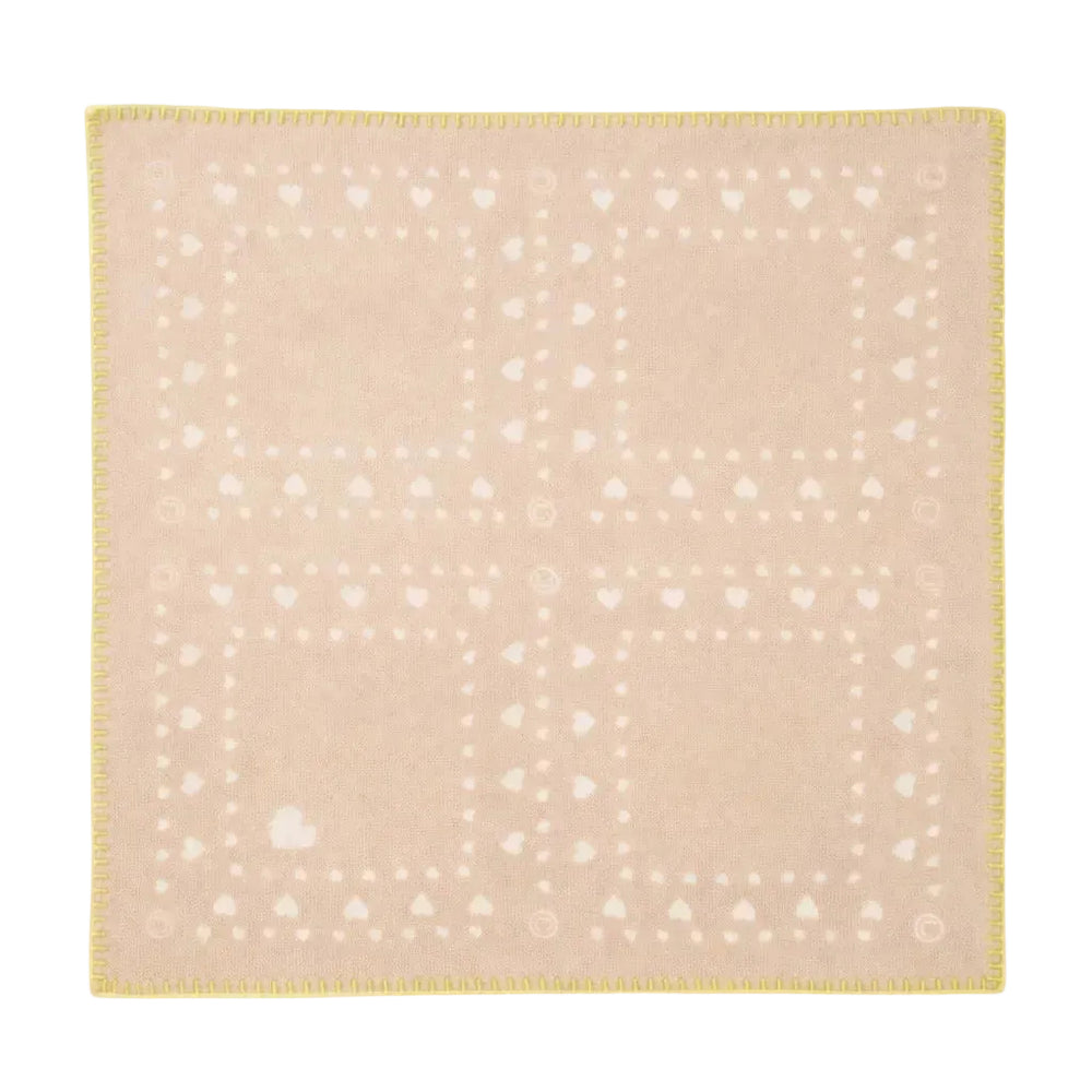 Kerri Rosenthal knit bandana scarf in Tan, flat view showing heart and dot print pattern with contrast whipstitch trim.