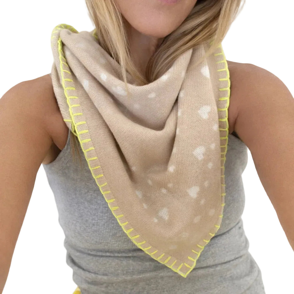 Kerri Rosenthal knit bandana scarf in Tan with contrast whipstitch edge, worn tied around the neck over a tank top.
