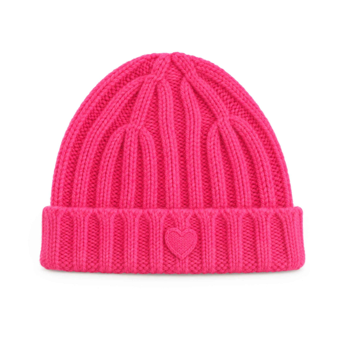Pink ribbed cashmere hat with heart detail.