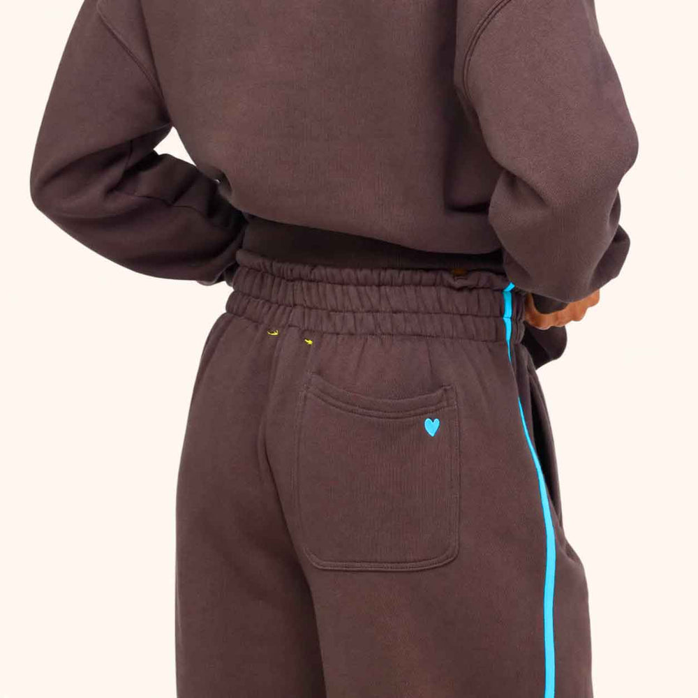 Weekend Palazzo Sweatpant wide-leg trouser with heart detail on back pocket.