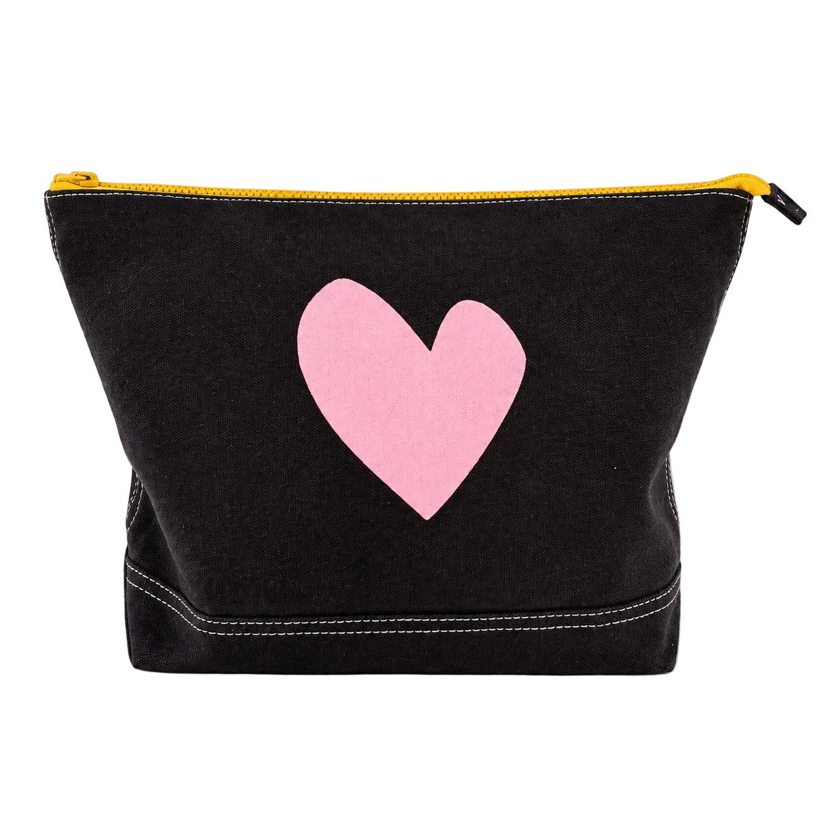 Jumbo Love Clutch in black with a large pink heart and a yellow zipper, front view