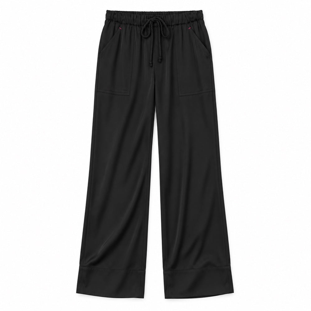Flat view of the Coast Pant in black with an elastic waistband and wide leg