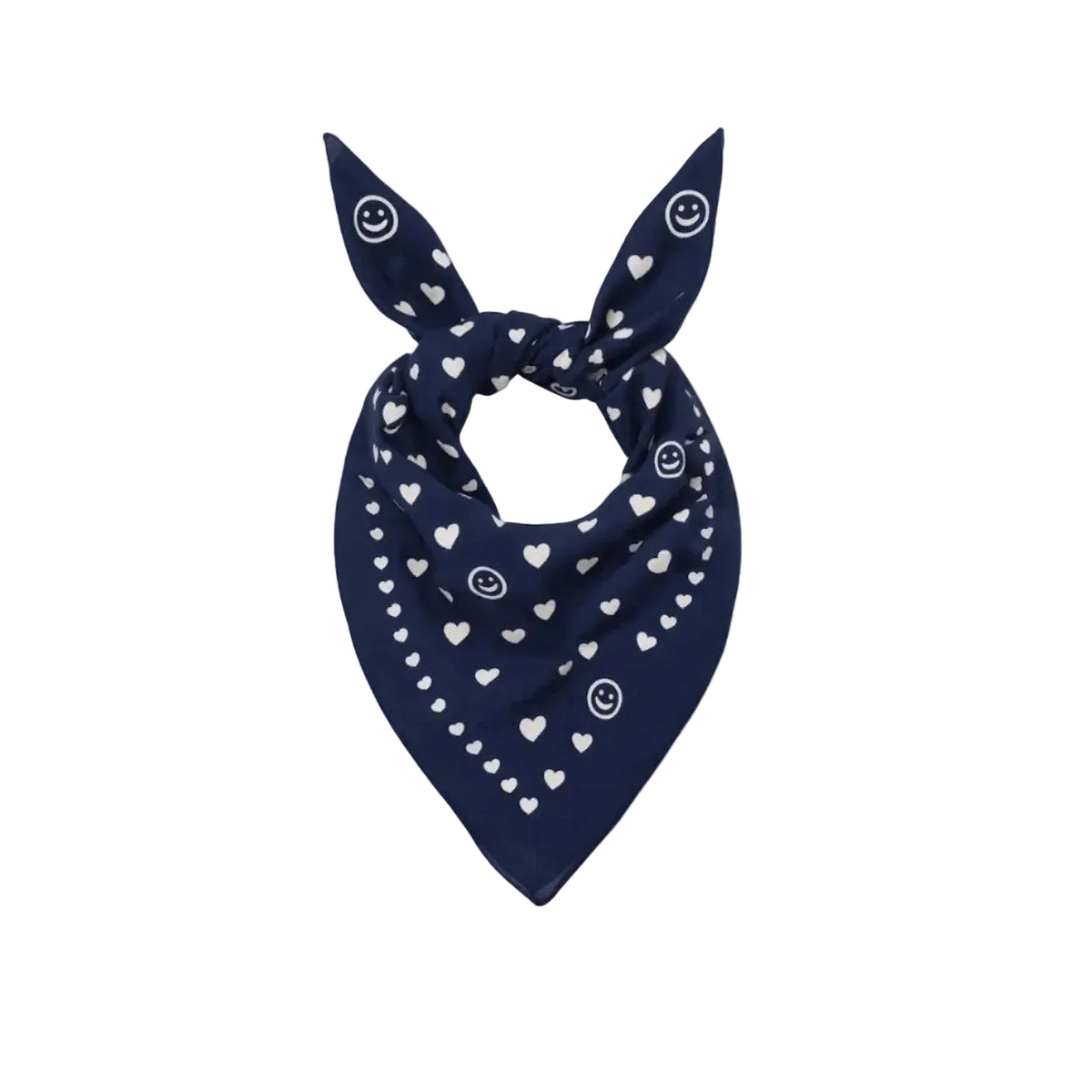 Blue bandana scarf with white heart and dot print, tied in a knot.